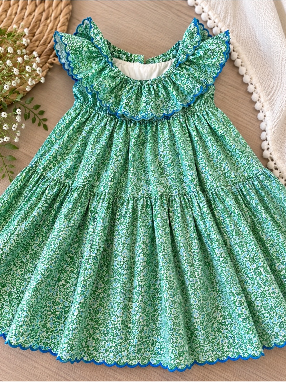 Green Floral Ruffle Collar Girls Dress with Blue Trim